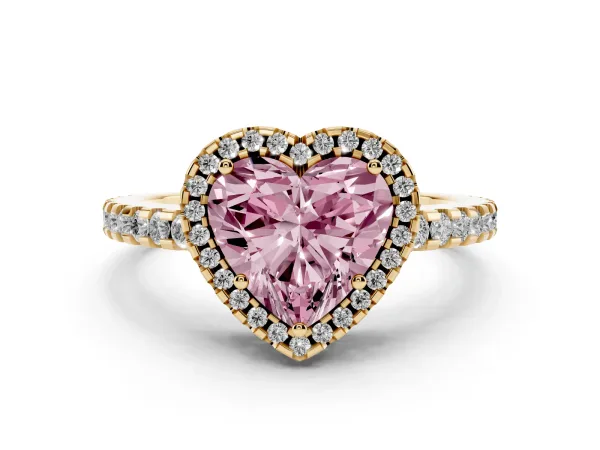 Fancy Pink Heart Cut Diamond Halo Engagement Ring with Pavé Band and Prong Setting Yellow gold
