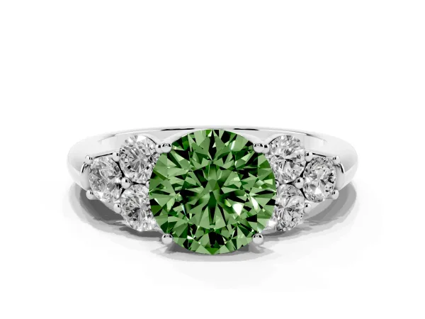 Fancy Green Round Cut Cut Diamond Cluster Ring with Round Accent Stones and Prong Setting on a Classic Band Platinum
