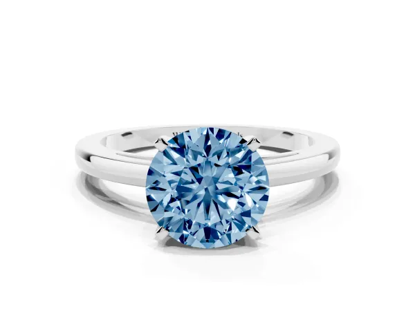 Fancy Blue Round Cut Solitaire Diamond Engagement Ring with Four-Prong Setting on a Classic Band White gold
