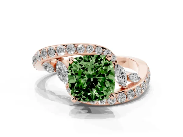 Fancy Green Cushion Cut Solitaire with Pavé Twist Band and Four-Prong Setting Rose gold
