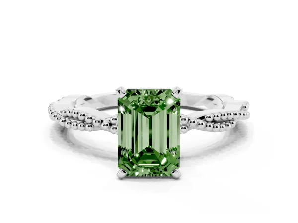 Fancy Green Emerald Cut Solitaire Twisted Band with Bead Prong Setting Platinum