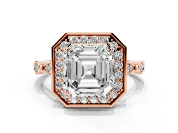 Asscher Cut Halo Diamond Engagement Ring with Twisted Band and Four-Prong Setting Rose gold