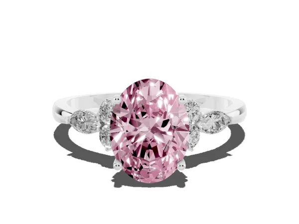 Fancy Pink Oval Cut Brilliant Diamond Solitaire Ring with Pear Side Stones and Four-Prong Setting White gold