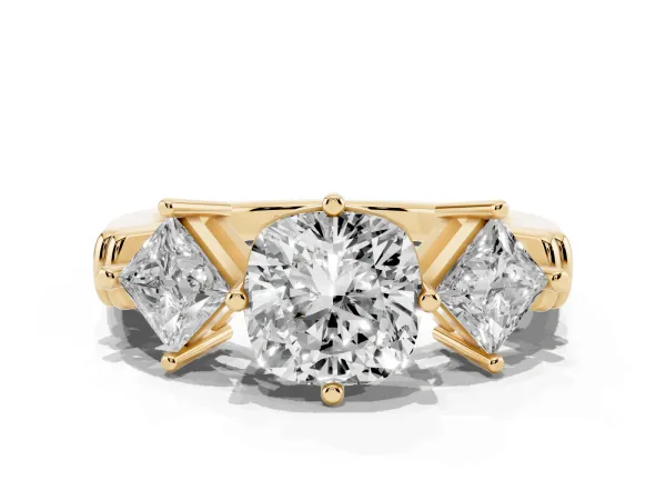 Three-Stone Cushion Cut and Princess Cut Diamond Ring with Channel Band and Four-Prong Setting Yellow gold