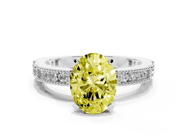 Fancy Yellow Oval Cut Solitaire with Pavé Band and Four-Prong Setting White gold