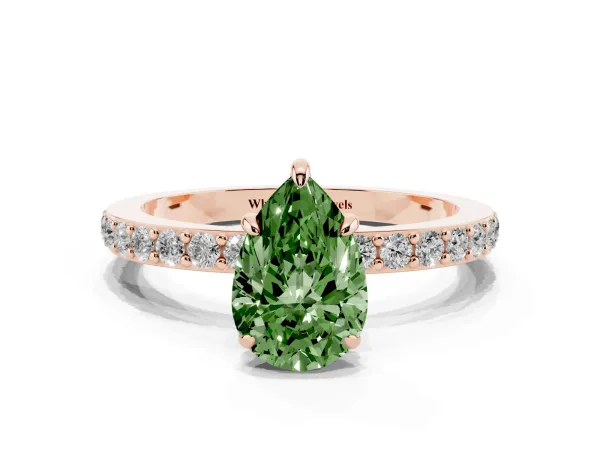 Fancy Green Pear Cut Diamond Pavé Engagement Ring with Round Accents and Prong Setting Rose gold