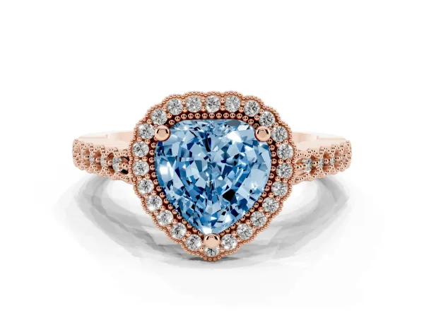 Fancy Blue Heart Cut Cut Halo Pavé Solitaire Ring with Milgrain Band Rose gold