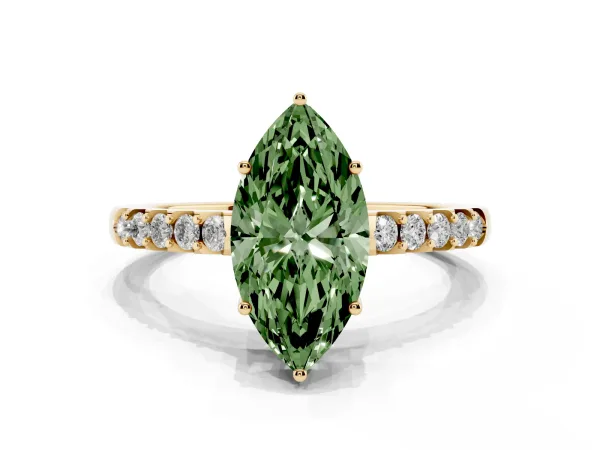 Fancy Green Marquise Cut Solitaire Diamond Engagement Ring with Pavé Band and Six-Prong Setting Yellow gold