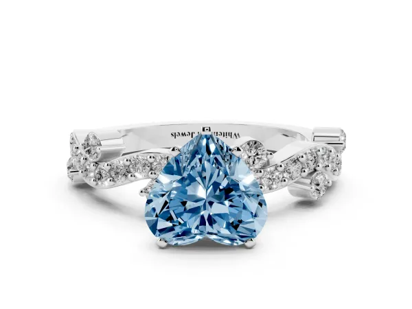 Fancy Blue Heart Cut Cut Solitaire Diamond Twisted Band with Pave Setting White gold