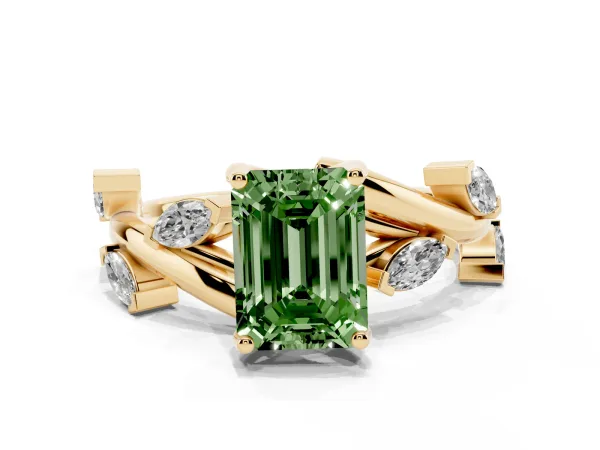 Fancy Green Emerald Cut Solitaire Twisted Band Marquise Accent Prong Setting Ring Yellow gold