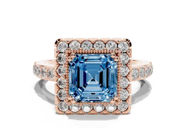 Fancy Blue Asscher Cut Diamond Halo Ring with Pavé Band and Prong Setting Rose gold