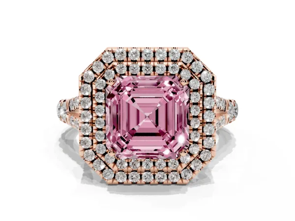 Fancy Pink Asscher Cut Diamond Pavé Split Shank Double Halo Engagement Ring Rose gold