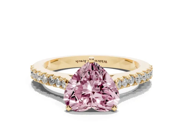 Fancy Pink Heart Cut Cut Solitaire Diamond Engagement Ring with Pave Band and Four-Prong Setting Yellow gold