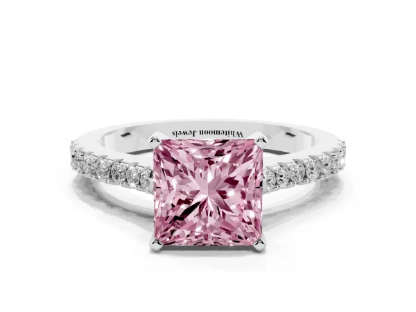 Fancy Pink Princess Cut Cut Solitaire Diamond Engagement Ring with Pave Band and Four-Prong Setting White gold