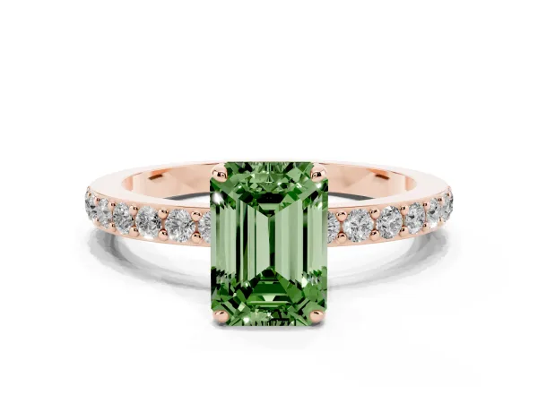 Fancy Green Emerald Cut Diamond Solitaire Engagement Ring with Pavé Band and Four-Prong Setting Rose gold