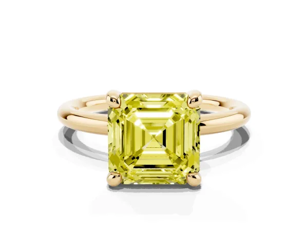 Fancy Yellow Asscher Cut Solitaire Diamond Ring with Four-Prong Setting on a Plain Band Yellow gold