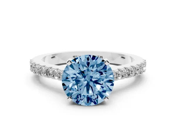 Fancy Blue Round Cut Cut Solitaire Diamond Engagement Ring with Pave Band and Four-Prong Setting White gold
