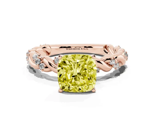 Fancy Yellow Cushion Cut Diamond Solitaire Ring with Twisted Band and Pavé Accents Rose gold