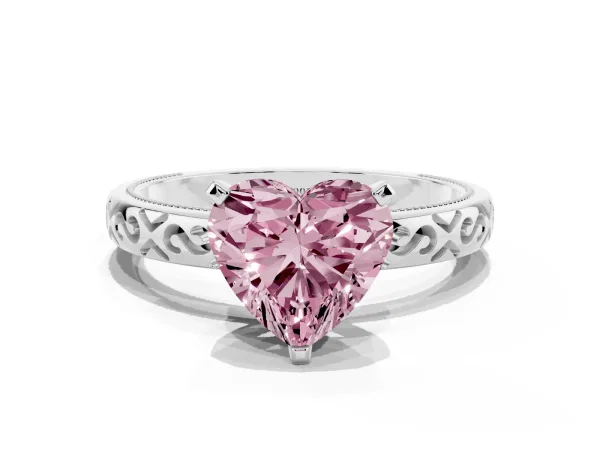 Fancy Pink Heart Cut Solitaire Engagement Ring with Scrollwork Band and Four-Prong Setting White gold
