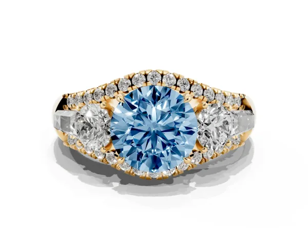 Fancy Blue Three-Stone Round Cut Diamond Engagement Ring with Pave Band and Prong Setting Yellow gold