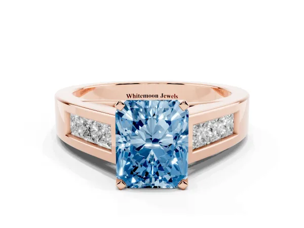 Fancy Blue Radiant Cut Cut Channel Set Solitaire Ring with Four-Prong Setting Rose gold