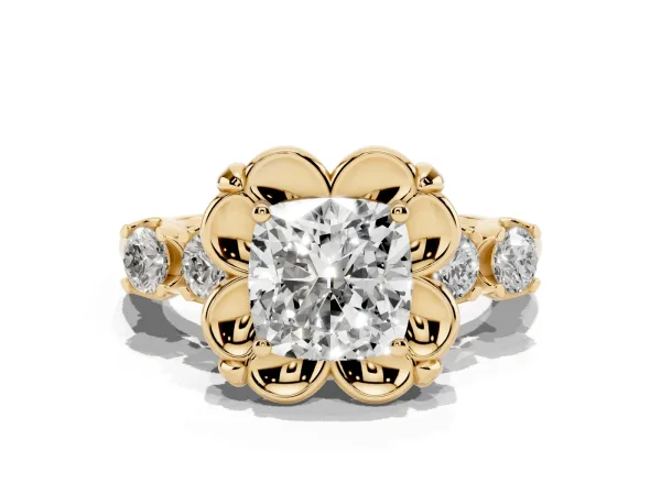 Cushion Cut Cut Diamond Floral Halo Engagement Ring with Shared Prong Setting Yellow gold