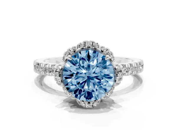 Fancy Blue Round Cut Diamond Halo Pave Band with Four-Prong Setting Platinum