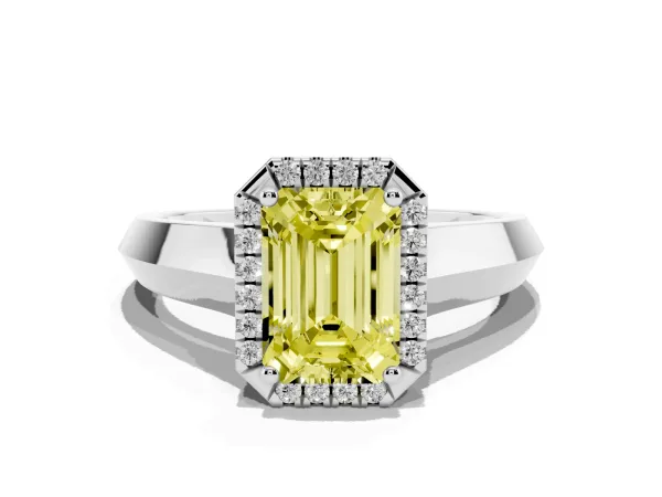 Fancy Yellow Emerald Cut Halo Diamond Ring with Cathedral Band and Four-Prong Setting White gold