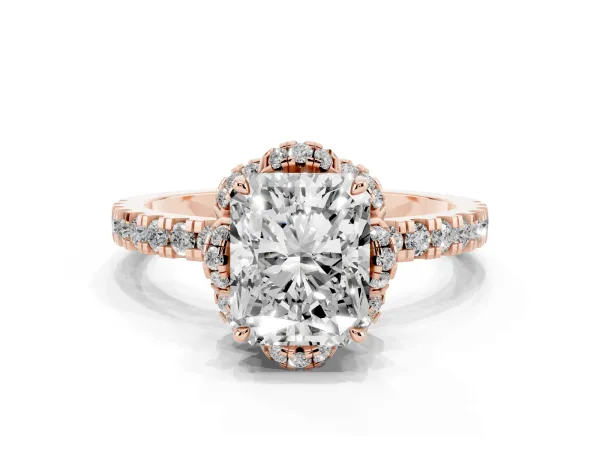 Radiant Cut Halo Diamond Pave Band Ring with Four-Prong Setting Rose gold
