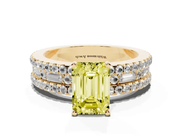 Fancy Yellow Emerald Cut Diamond Solitaire Ring with Pavé and Channel Set Band Yellow gold