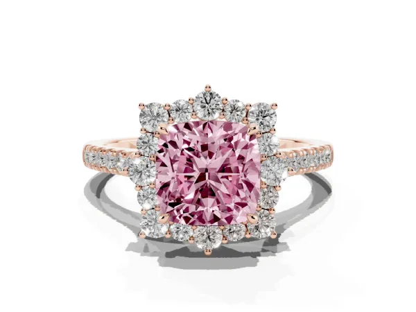 Fancy Pink Cushion Cut Halo Diamond Ring with Pavé Band and Prong Setting Rose gold