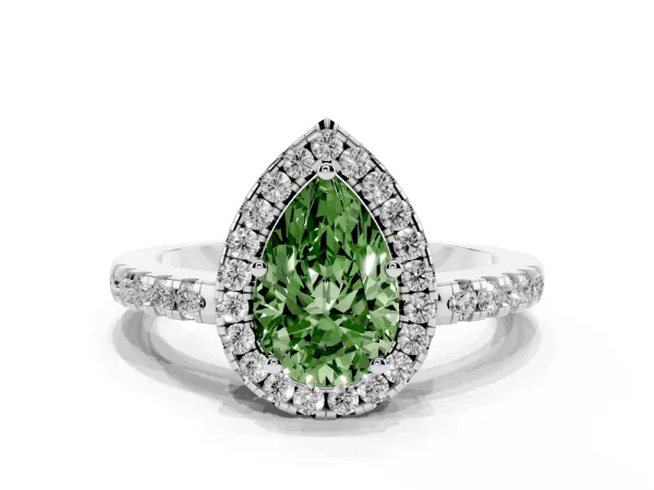 Fancy Green Pear Cut Halo Diamond Engagement Ring with Pavé Band and Four-Prong Setting Platinum