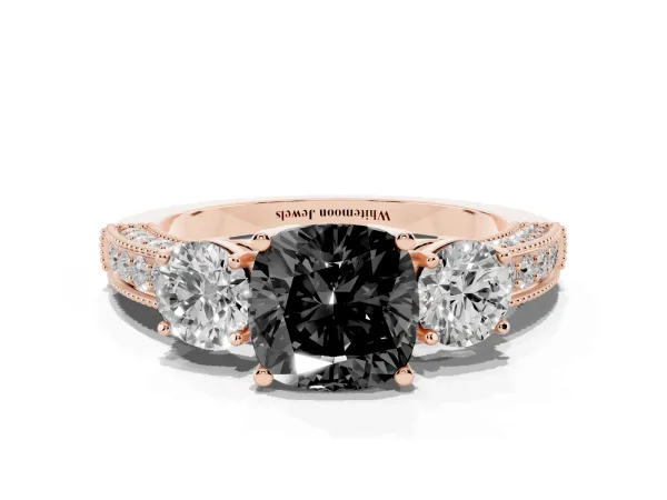 Fancy Black Cushion Cut Three-Stone Diamond Ring with Pavé Band and Four-Prong Setting Rose gold