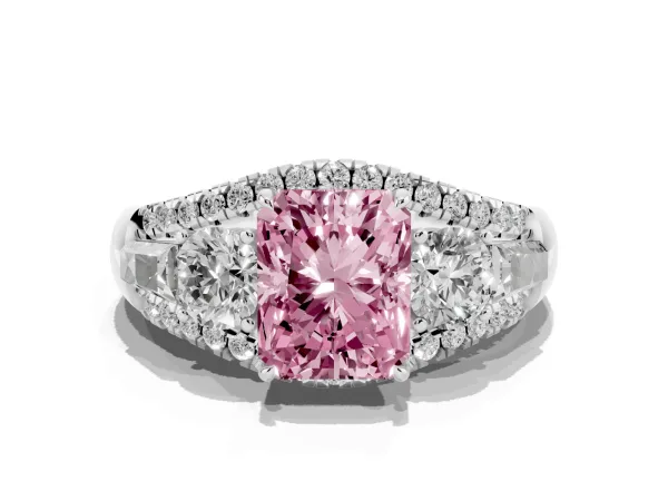 Fancy Pink Three-Stone Radiant Cut Diamond Engagement Ring with Pave Band and Prong Setting Platinum