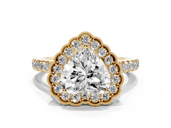 Heart Cut Cut Diamond Milgrain Floral Halo Engagement Ring with Pavé Band Yellow gold