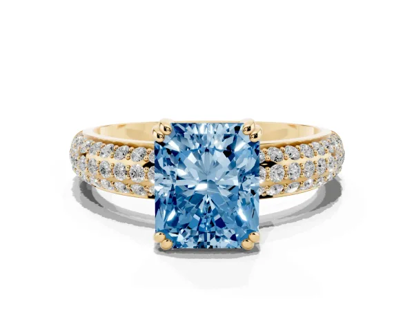 Fancy Blue Radiant Cut Diamond Solitaire Ring with Multi-Row Round Pavé Band and Prong Setting Yellow gold