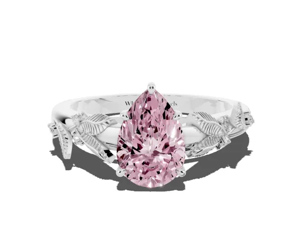 Fancy Pink Pear Cut Diamond Solitaire Ring with Leaf Motif Band and Four-Prong Setting Platinum