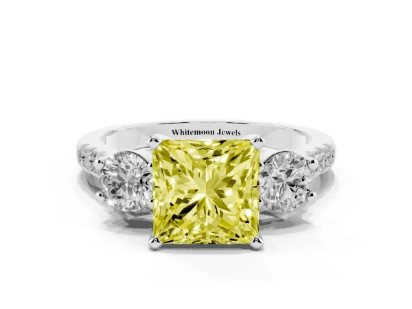 Fancy Yellow Three-Stone Princess Cut Diamond Pavé Band with Four-Prong Setting Platinum