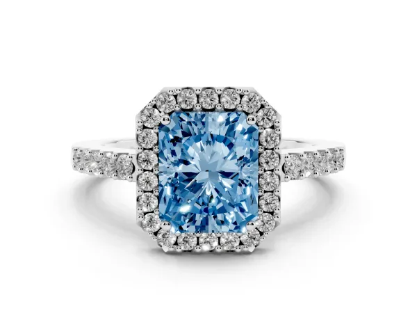 Fancy Blue Radiant Cut Halo Diamond Pavé Solitaire Ring White gold