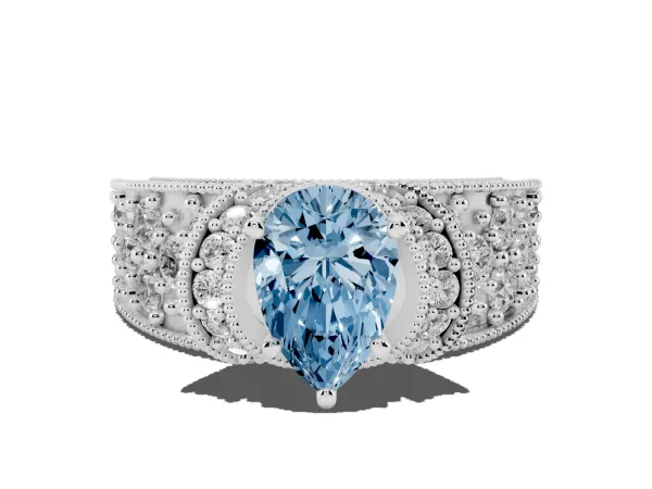 Fancy Blue Pear Cut Halo Pave Diamond Engagement Ring with Milgrain Detailing Platinum