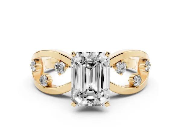 Emerald Cut Cut Solitaire Diamond with Side Stones on Criss-Cross Band and Four-Prong Setting Yellow gold