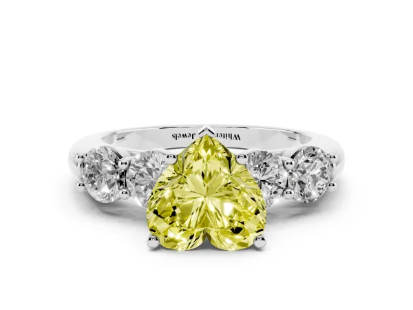 Fancy Yellow Heart Cut Cut Five-Stone Prong Set Diamond Ring with Classic Band Platinum