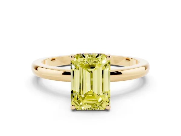 Fancy Yellow Emerald Cut Solitaire Diamond Ring with Prong Setting and Plain Band Yellow gold