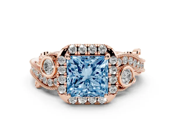 Fancy Blue Princess Cut Diamond Halo Ring with Milgrain Pavé Band and Four-Prong Setting Rose gold