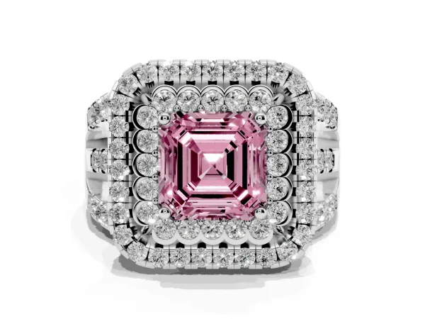 Fancy Pink Asscher Cut Diamond Double Halo Ring with Round Pavé Split Shank and Prong Setting White gold