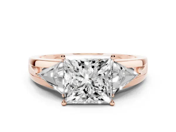 Three-Stone Princess Cut Cut Diamond Ring with Trillion Side Stones on a Split Shank Band Rose gold
