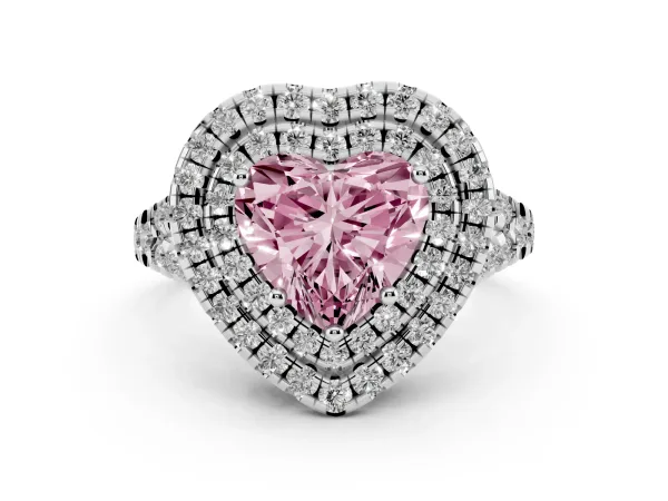 Fancy Pink Double Halo Heart Cut Diamond Pavé Split Shank Ring with Prong Setting Platinum