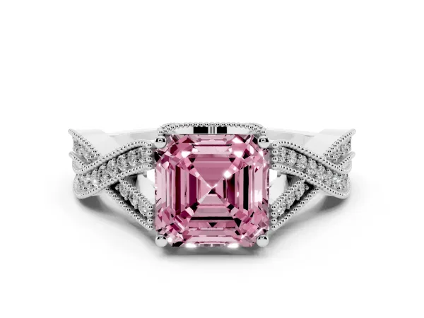 Fancy Pink Asscher Cut Cut Diamond Twisted Band with Milgrain Pave Setting and Four-Prong Setting Platinum