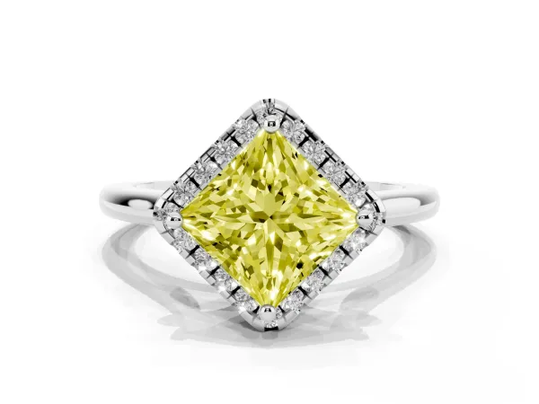 Fancy Yellow Princess Cut Halo Round Diamond Solitaire Engagement Ring with Pave Band and Four-Prong Setting Platinum