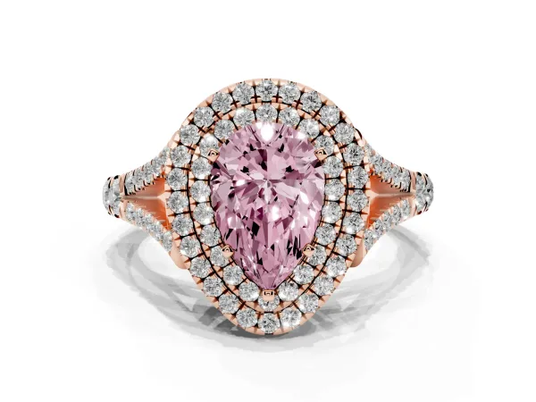Fancy Pink Pear Cut Diamond Double Halo Ring with Split Shank and Prong Setting Rose gold